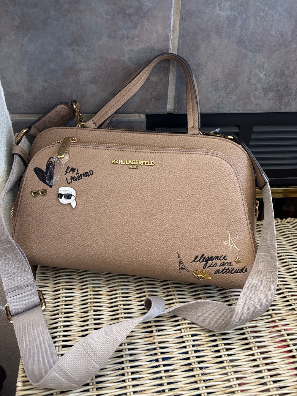 Karl Lagerfeld Tan Pebble Leather Crossbody with Embellishments